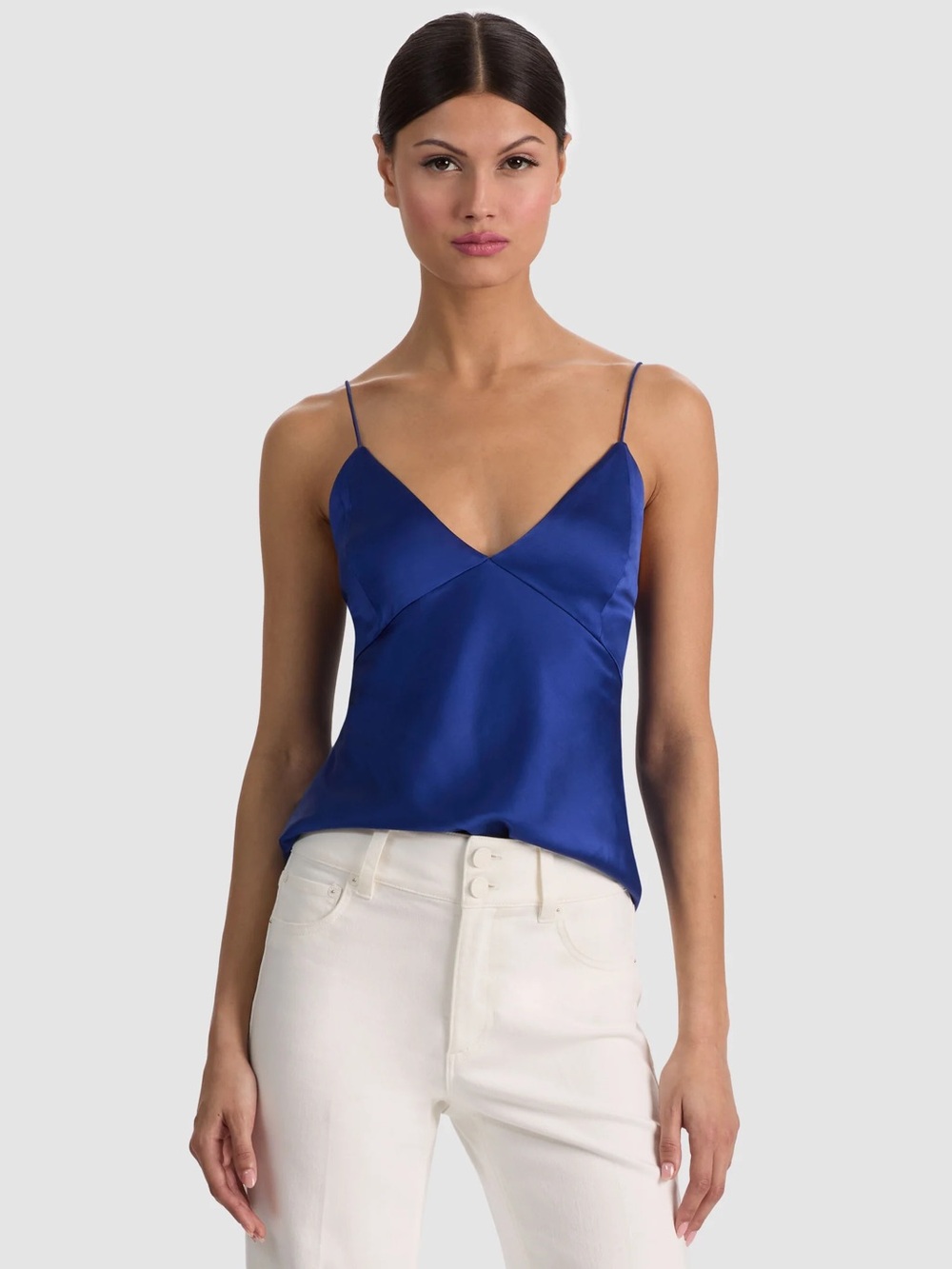 Alice and Olivia MILTA TANK Blue Satin V-Neck Spaghetti Strap Cami Top